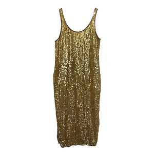 Modi Vintage Gold Sequin Silk Midi Dress Womens Large Sleeveless Scoop Neck L